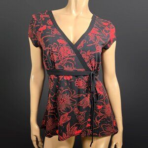 Y2K Babydoll Top Size L Black Red Floral Gothic Fairy Whimsigoth Witchy Boho
